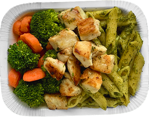 Pesto pasta with chicken and mixed vegetables and no background